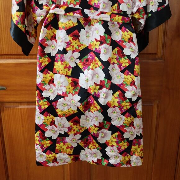 Delicates Vintage 90s Black Floral Kimono Robe Belted Wrap Loungewear - Picture 10 of 12
